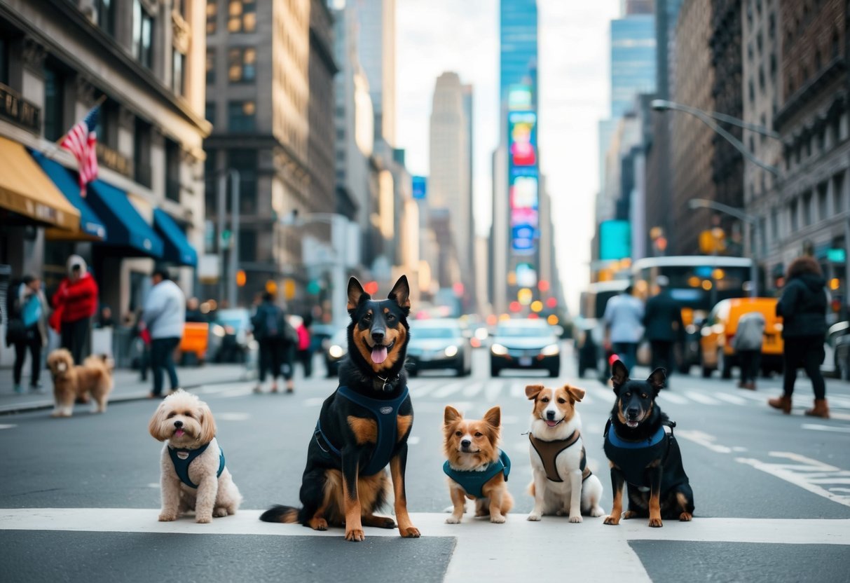 A bustling New York City street with iconic landmarks in the background, and a diverse array of pets and their owners enjoying the city