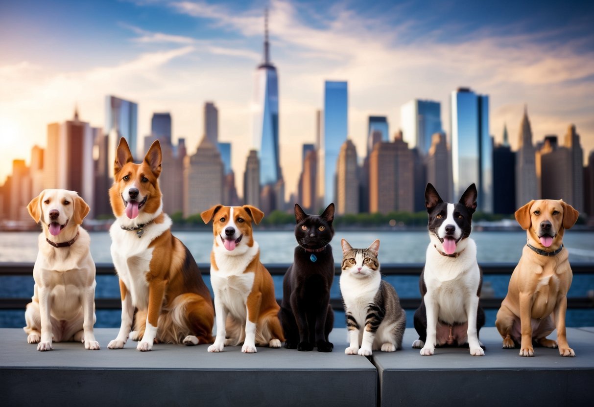 A diverse group of pets in New York City, including dogs, cats, and birds, with iconic city landmarks in the background, showcasing the unique and bustling pet culture of the city