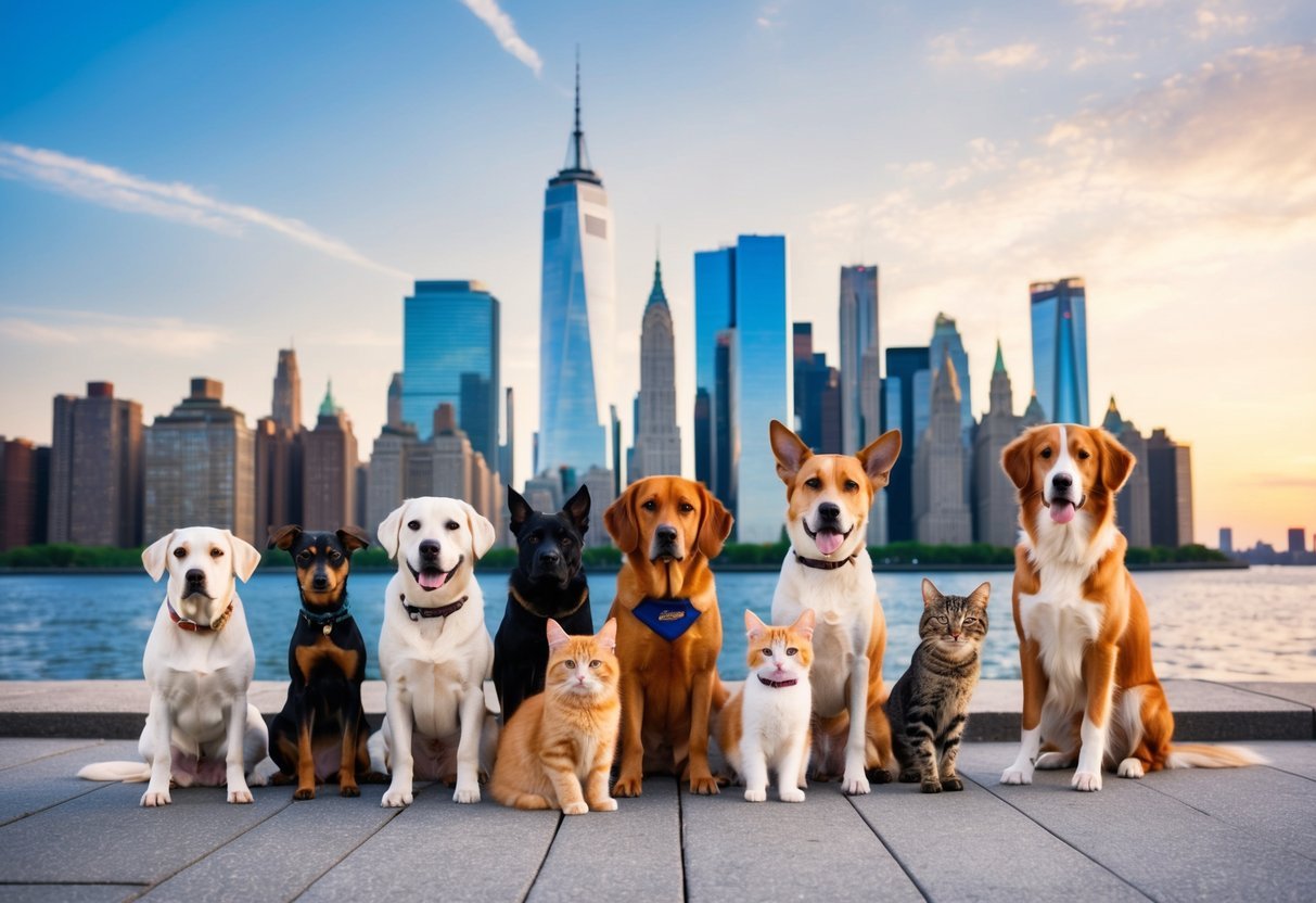 A diverse group of pets (dogs, cats, birds, etc.) in New York City, with iconic landmarks in the background