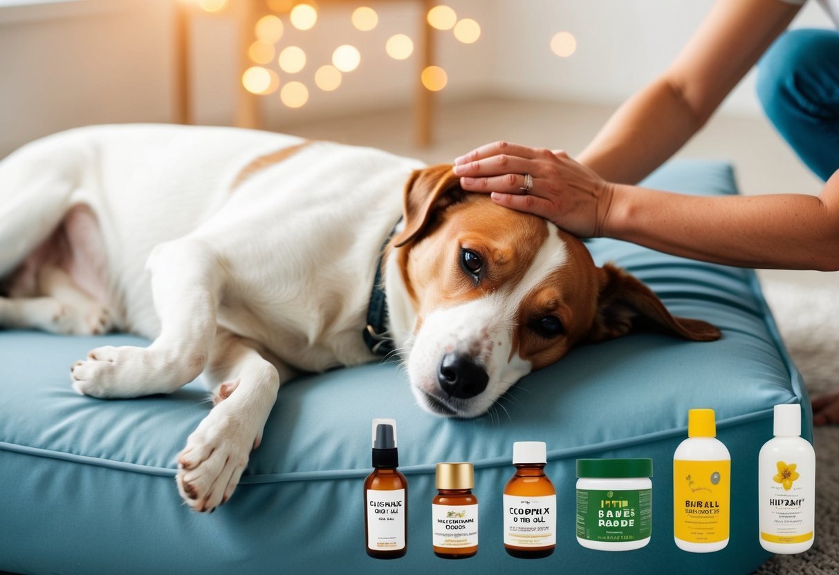 A dog lying on a comfortable surface, receiving a gentle coconut oil massage from a caring hand.</p><p>Nearby, six different remedies for red rashes are displayed