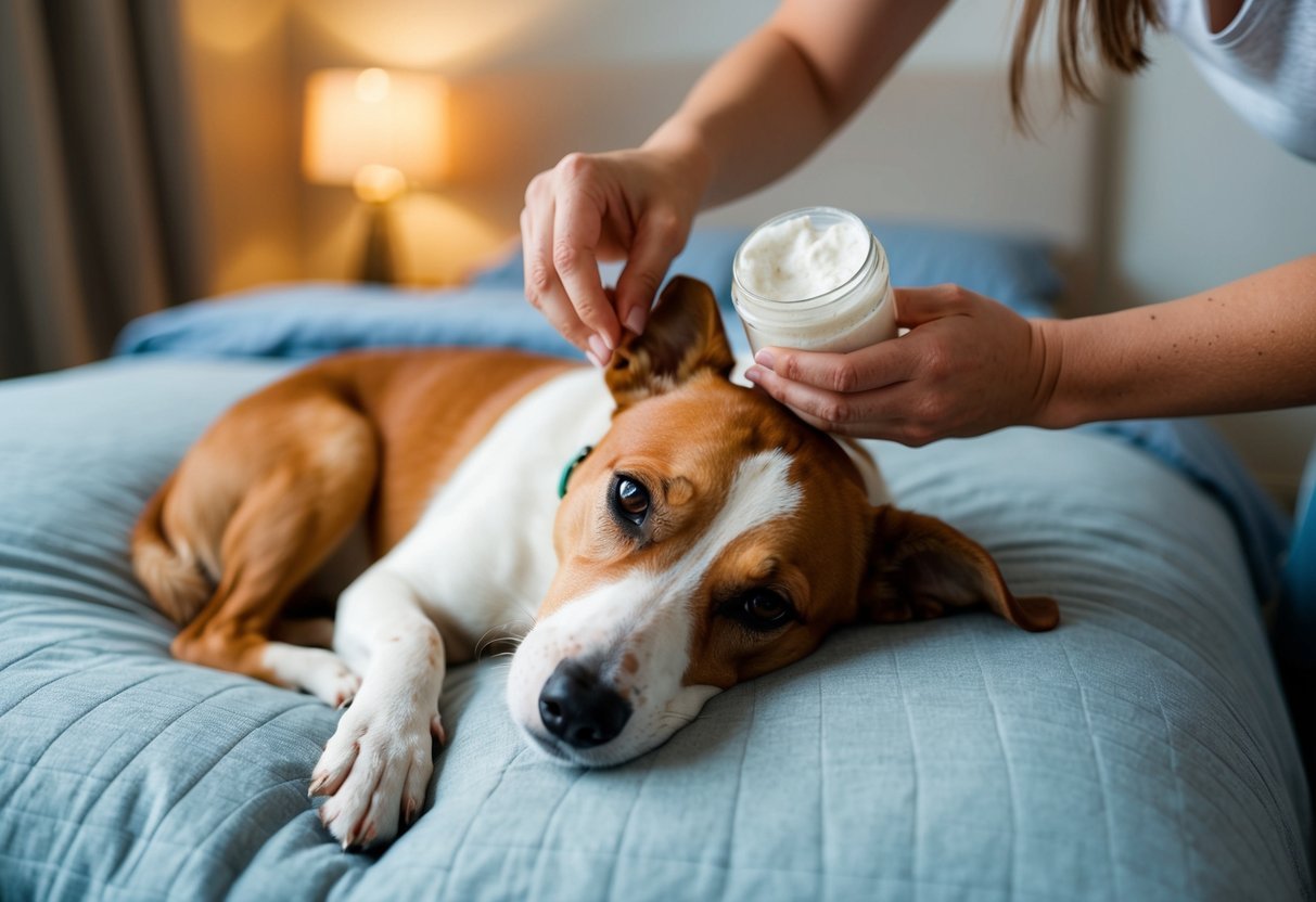 A dog lying on a cozy bed, with a soothing baking soda paste being gently applied to its red rash by a caring owner