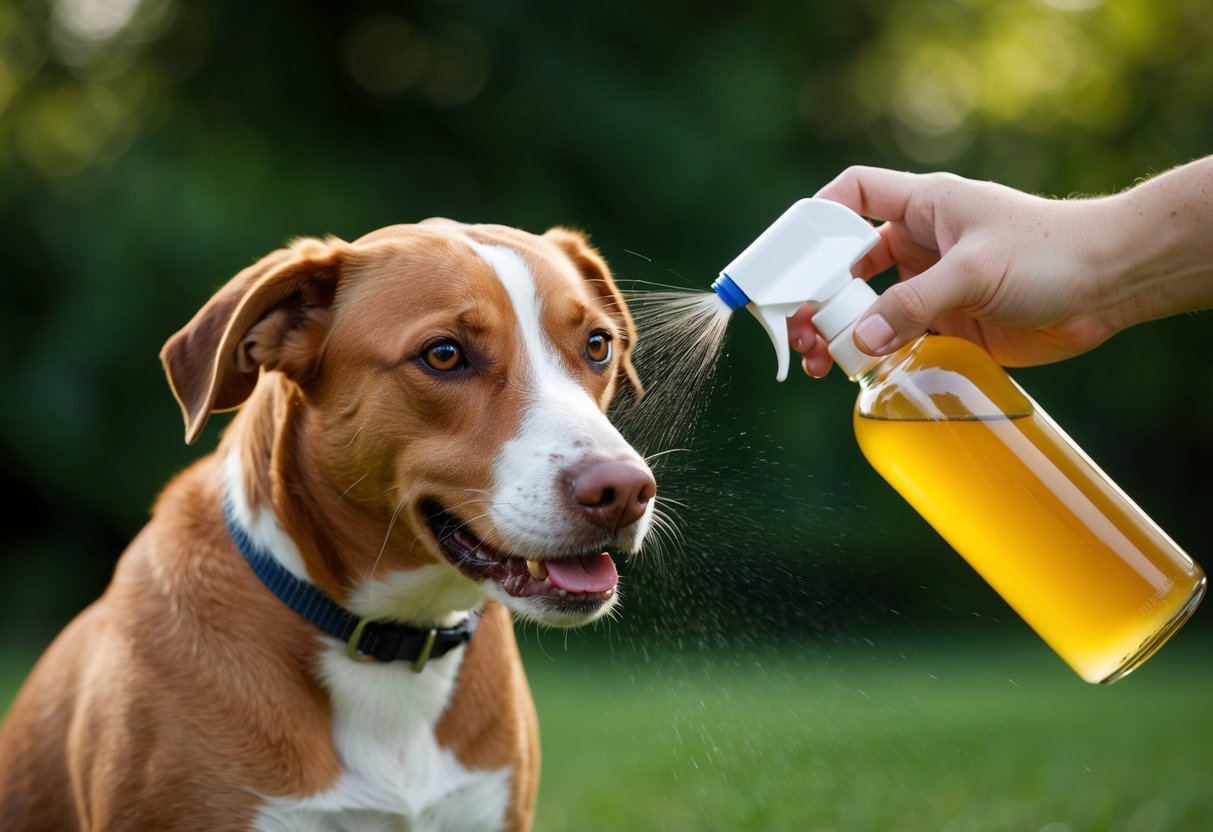 A dog with a red rash is being sprayed with apple cider vinegar by its owner, providing instant relief