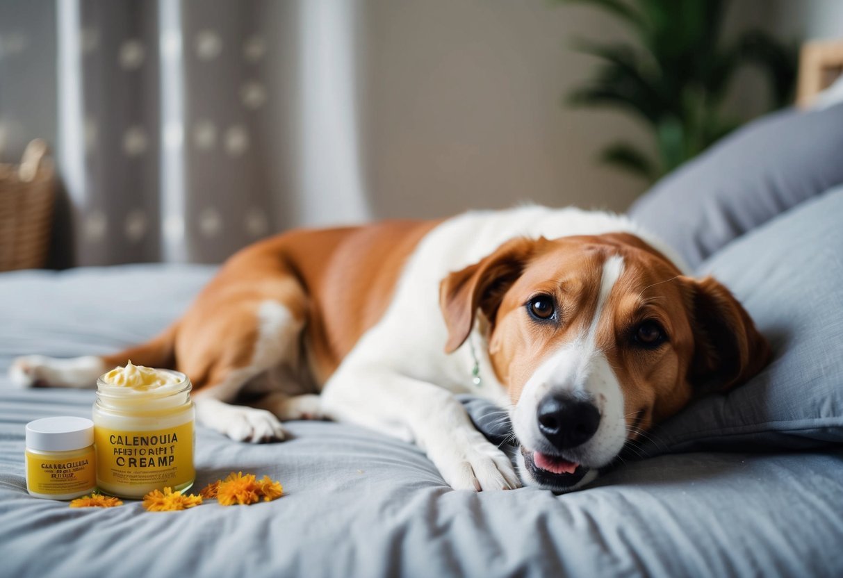 A happy dog lying on a cozy bed, with a jar of calendula cream and various red rash remedies nearby