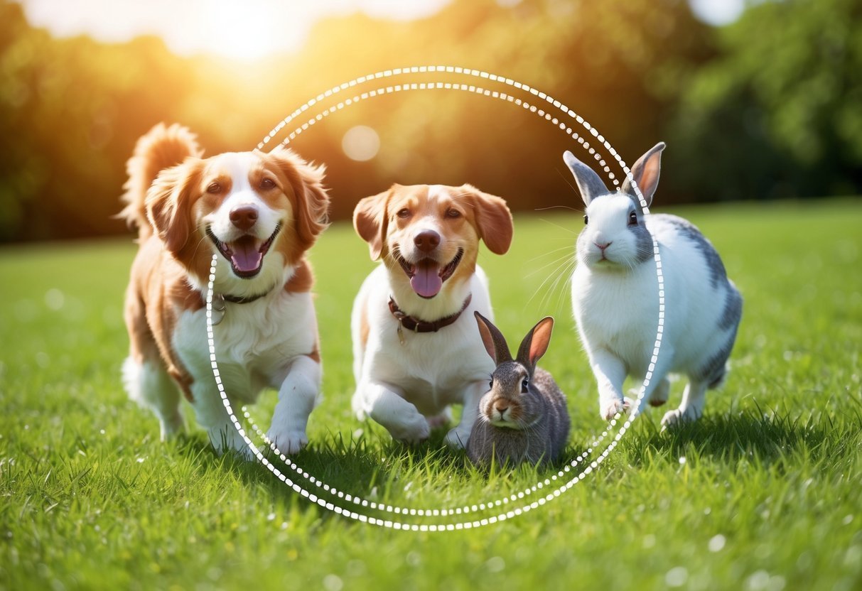 Two dogs and two rabbits running on green grass