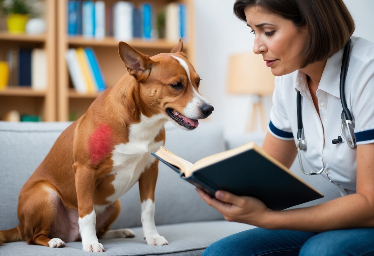 A dog scratching furiously with a red rash on its belly, while a concerned owner looks for remedies in a book