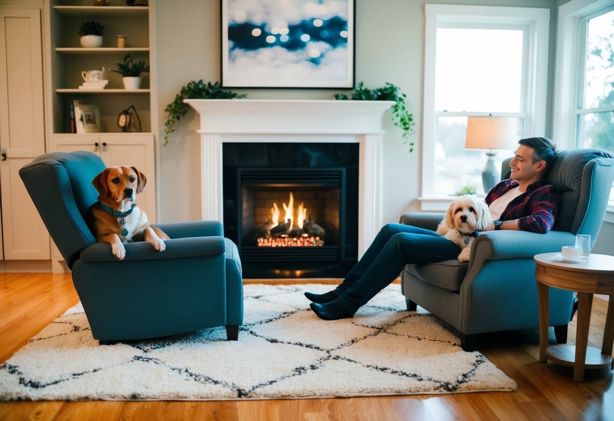 Man relaxes with two dogs in armchairs by a fireplace