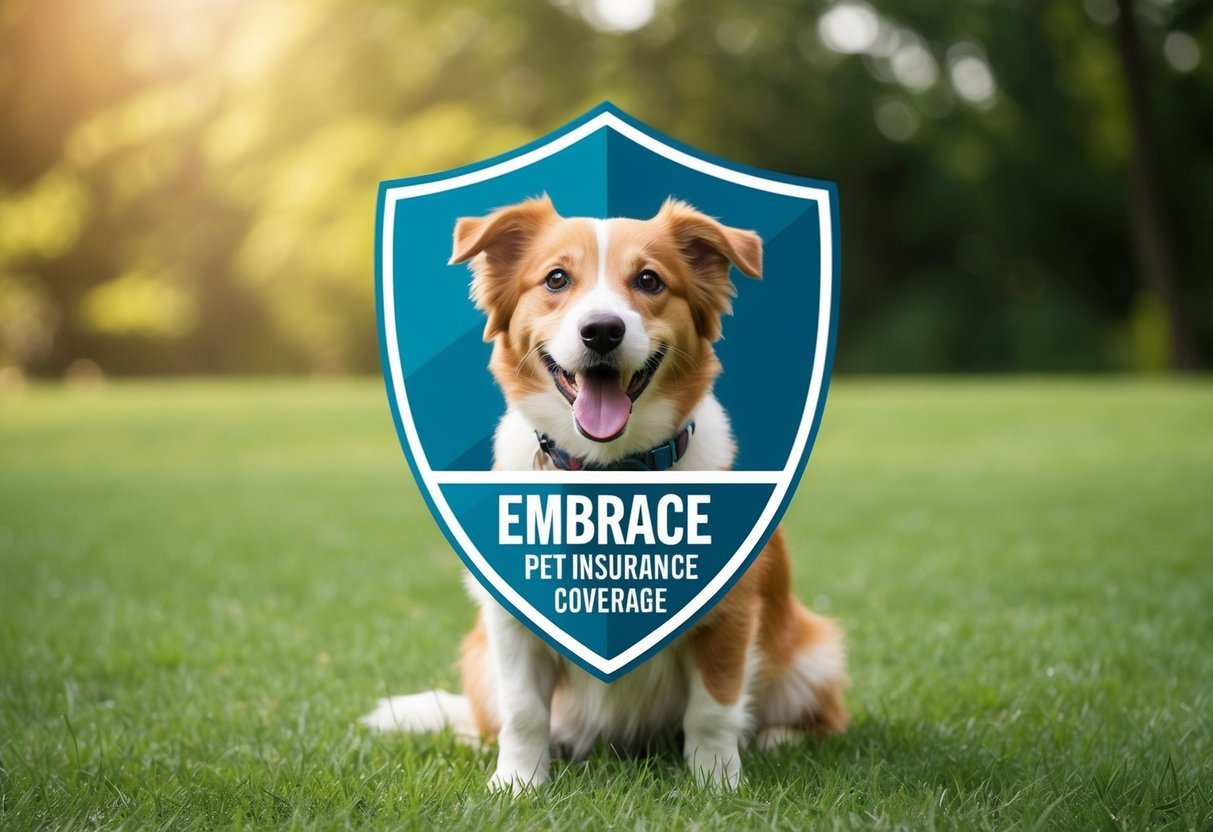 A happy, healthy pet with a wagging tail and bright eyes, surrounded by a protective shield symbolizing Embrace Pet Insurance coverage