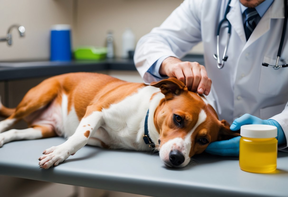 A dog with a red rash is lying down, looking uncomfortable.</p><p>A vet is examining the rash while offering different remedies for relief