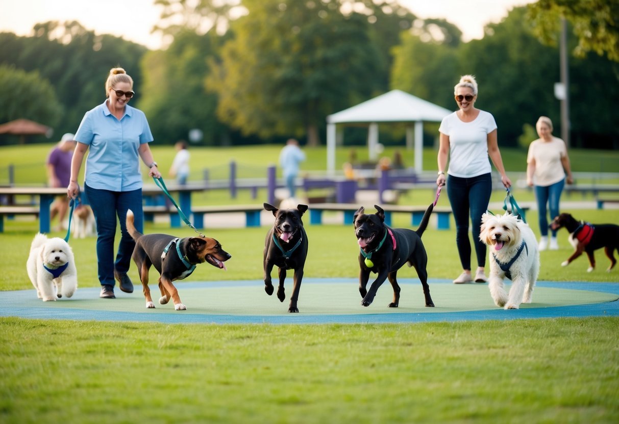 Dogs playing in various designated areas within Central Bark Dog Park, with owners and their emotional support animals enjoying the welcoming atmosphere