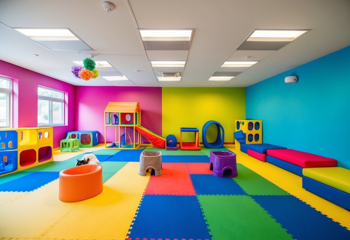 A colorful, spacious room with various play structures and toys for pets.</p><p>Brightly colored walls and comfortable seating areas for owners