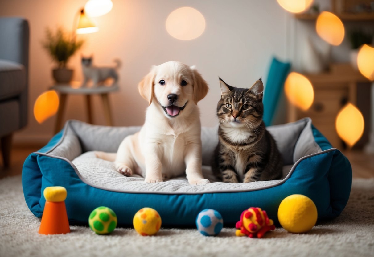 A playful puppy and a contented cat sit side by side, surrounded by colorful pet toys and a cozy bed, while a warm glow fills the room