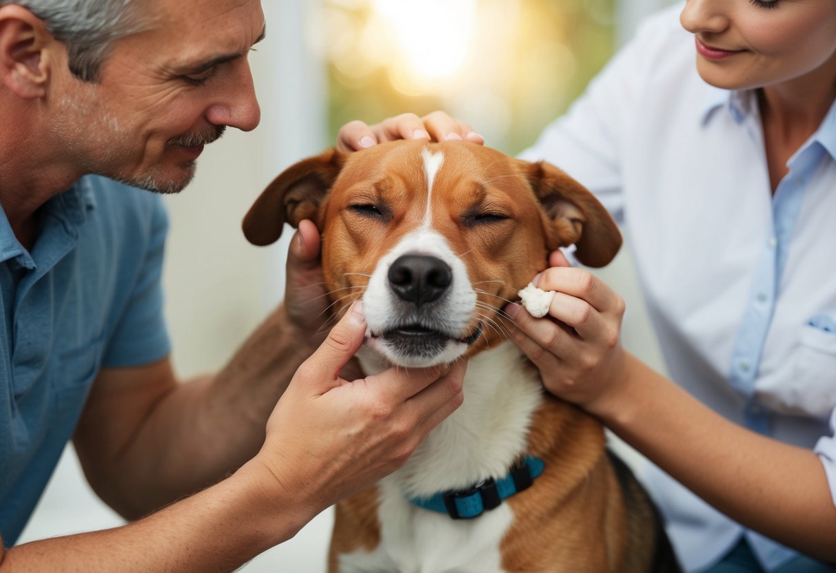 A dog scratching its red, irritated skin while a person applies soothing remedies