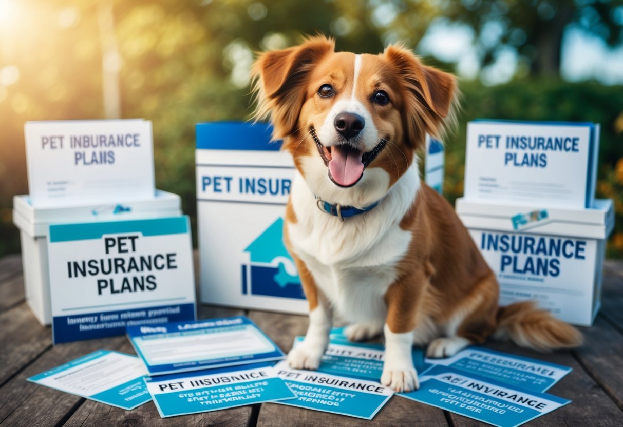 A happy, healthy pet with a wagging tail and shiny coat, surrounded by various pet insurance plans