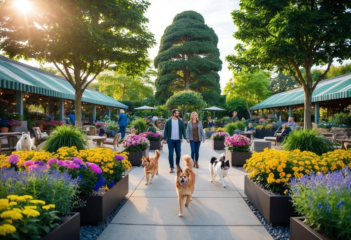 Lush garden center with colorful flowers, towering trees, and cozy seating areas.</p><p>A variety of pets, including dogs and cats, roam freely with their owners