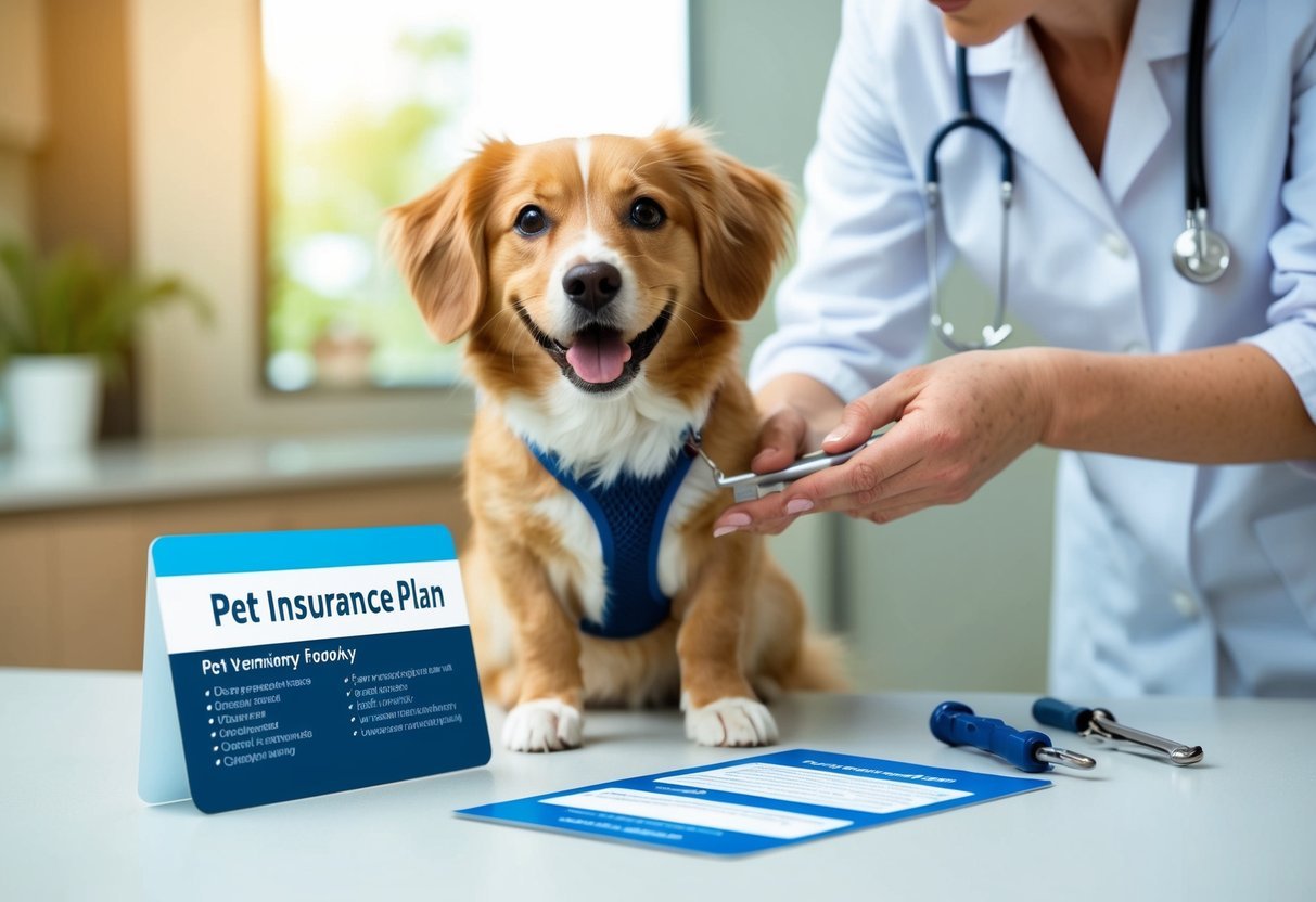 A happy, healthy pet being examined by a veterinarian, with a pet insurance plan card displayed next to them