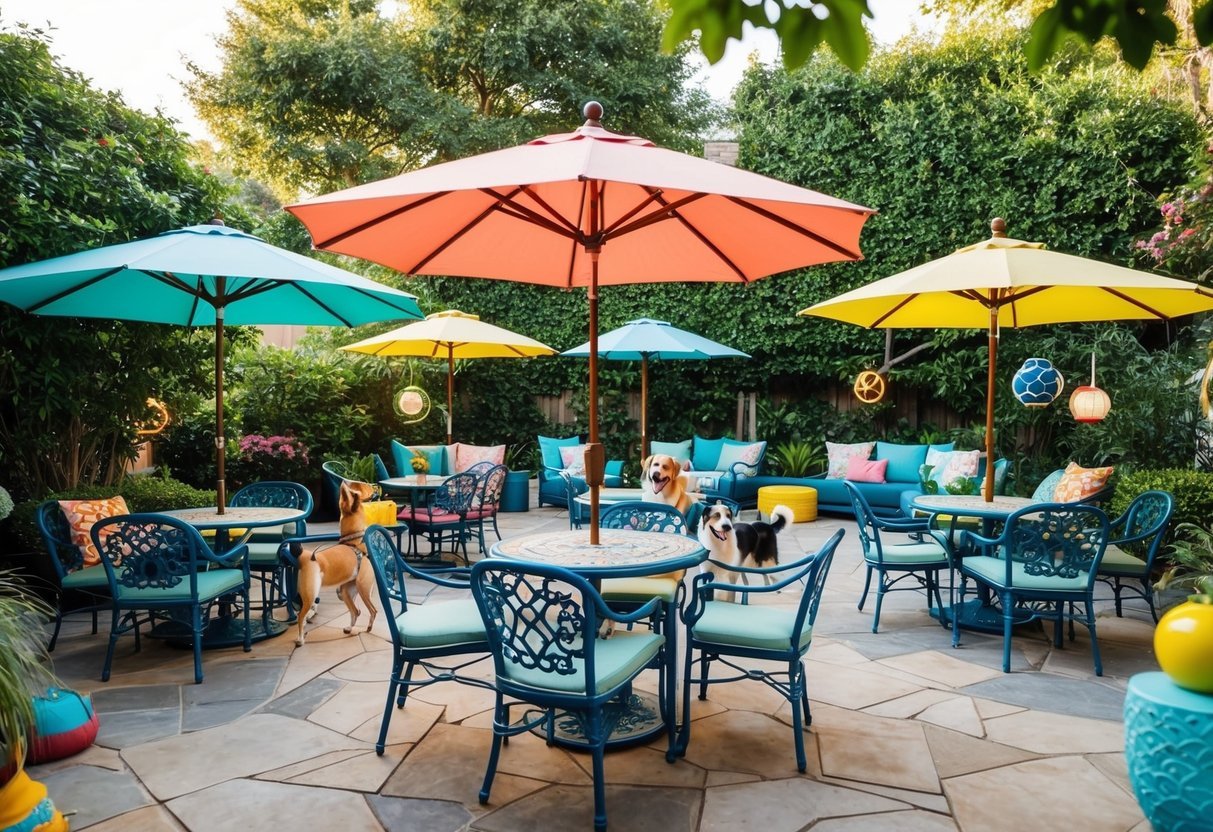 A cozy patio with colorful umbrellas and scattered tables, surrounded by lush greenery and adorned with playful dog-friendly decor