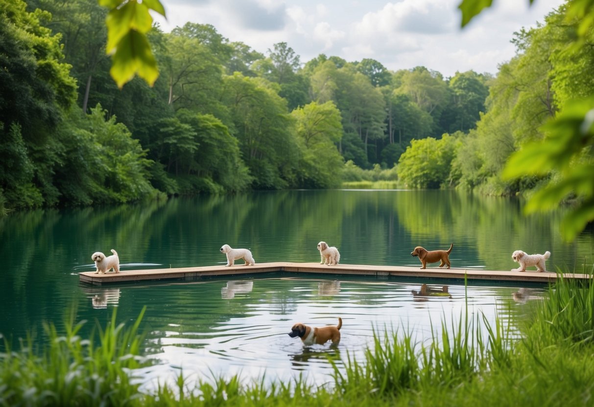 A serene lake surrounded by lush greenery, with a designated area for puppies to swim and play.</p><p>Six hidden spots provide peaceful spaces for emotional support animals