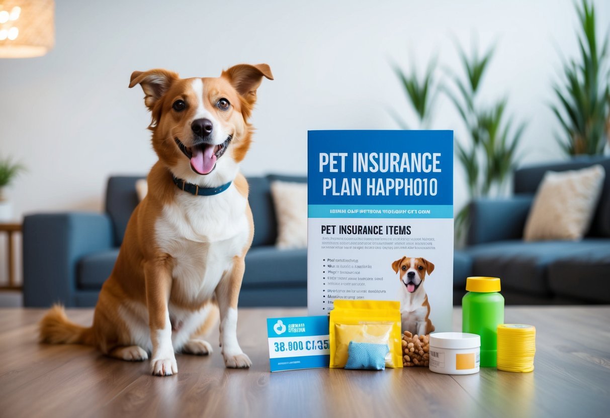 A happy, healthy pet with a wagging tail, sitting next to a pet insurance plan pamphlet, surrounded by various pet care items