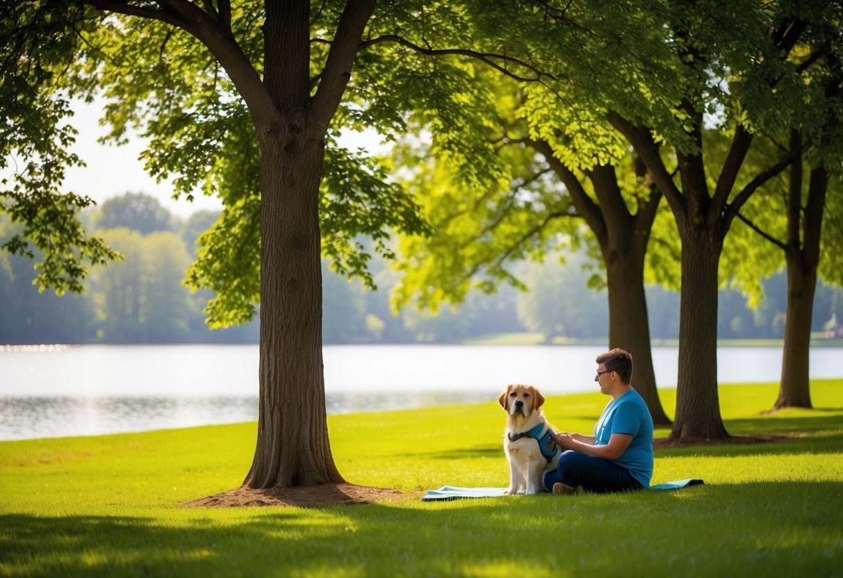 A serene park with a calm lake, shaded by tall trees.</p><p>A person sits with their emotional support animal, peacefully enjoying the tranquil setting