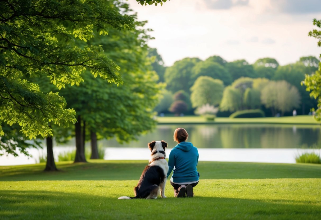 A serene park with a calm pond and lush greenery, where a person and their emotional support animal can peacefully enjoy each other's company