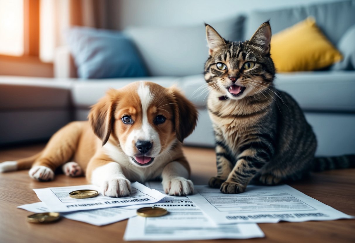 A playful puppy surrounded by torn insurance documents and a sly cat with a mischievous grin