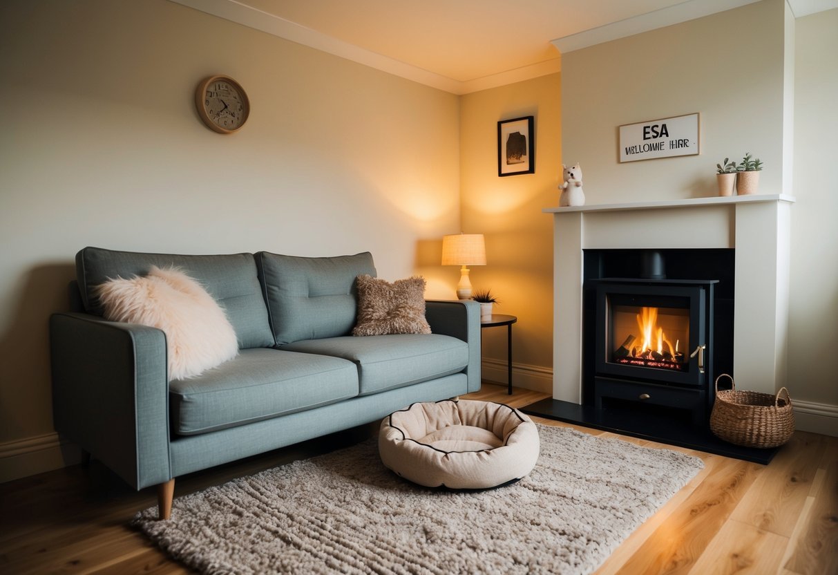 A cozy living room with a comfy sofa and a fluffy pet bed.</p><p>A warm fireplace crackles in the corner, casting a soft glow over the room.</p><p>A small sign on the wall reads "ESA Welcome Here."