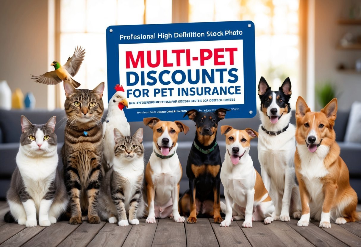 A group of eight different types of pets, such as cats, dogs, birds, and fish, gathered around a sign advertising "Multi-Pet Discounts" for pet insurance