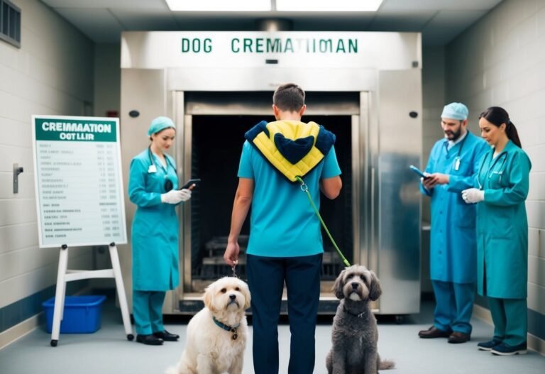 Man and two dogs in a dog cremation facility, with staff