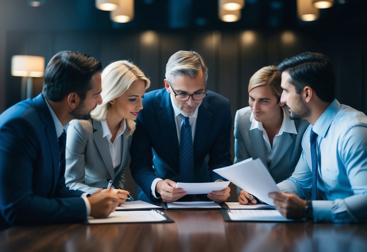 A group of secretive pet insurance executives whispering and exchanging documents in a dimly lit boardroom