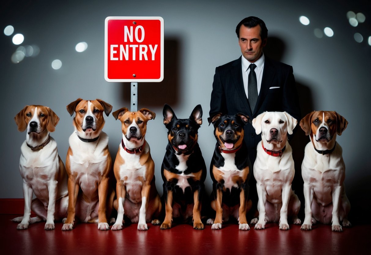 A group of dogs of various breeds are sitting behind a red "no entry" sign, while a shadowy figure in a suit looks on with a sly expression