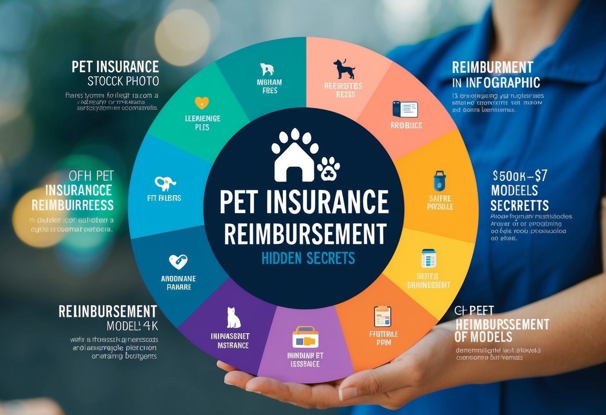 A colorful infographic displaying various pet insurance reimbursement models and hidden secrets, with eye-catching visuals and clear explanations