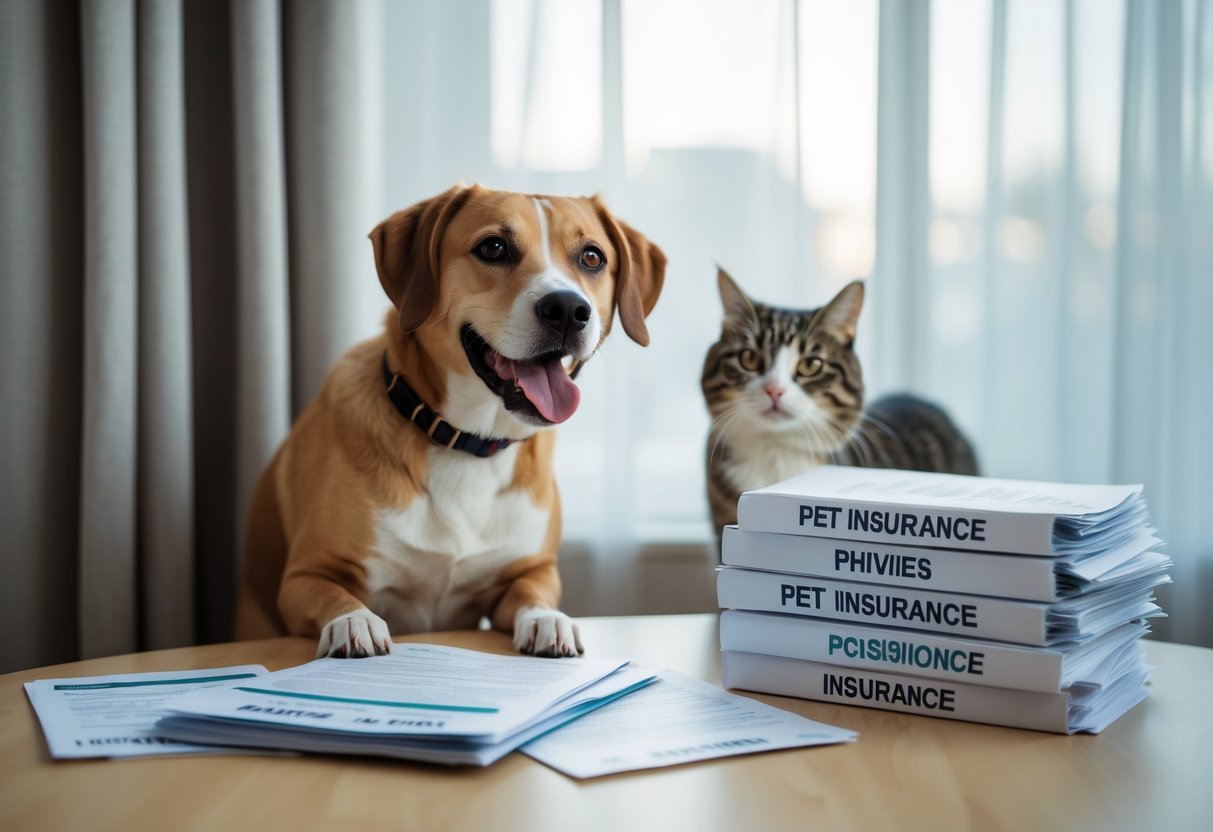 A happy dog with a wagging tail sits next to a stack of confusing pet insurance documents, while a sneaky cat peeks out from behind a curtain