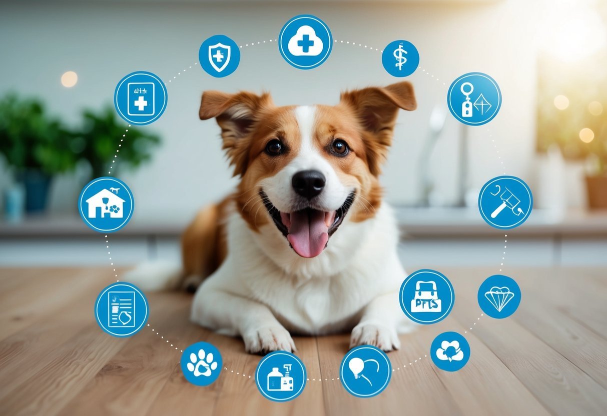 A happy pet surrounded by various veterinary and insurance symbols, with a clear focus on the benefits and secrets of pet insurance