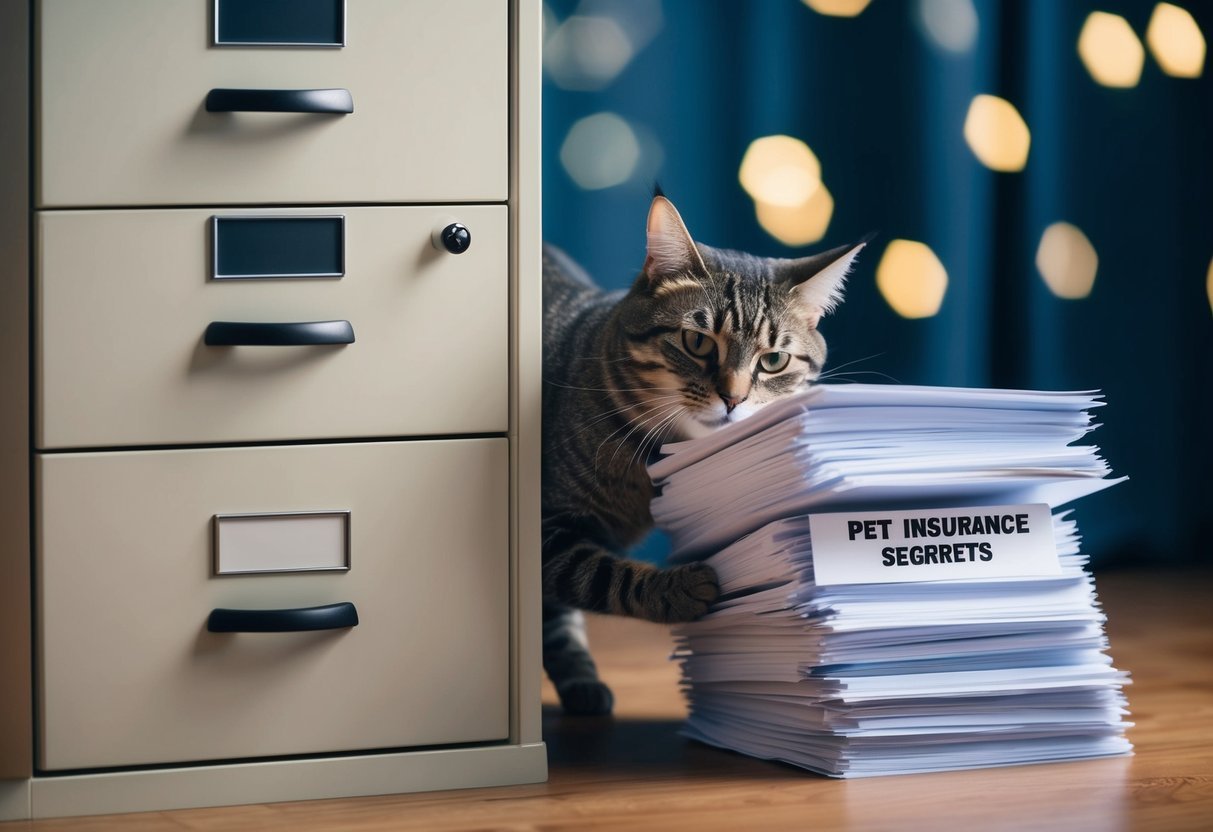 A mischievous cat sneaking into a filing cabinet, pulling out a stack of papers labeled "Pet Insurance Secrets."