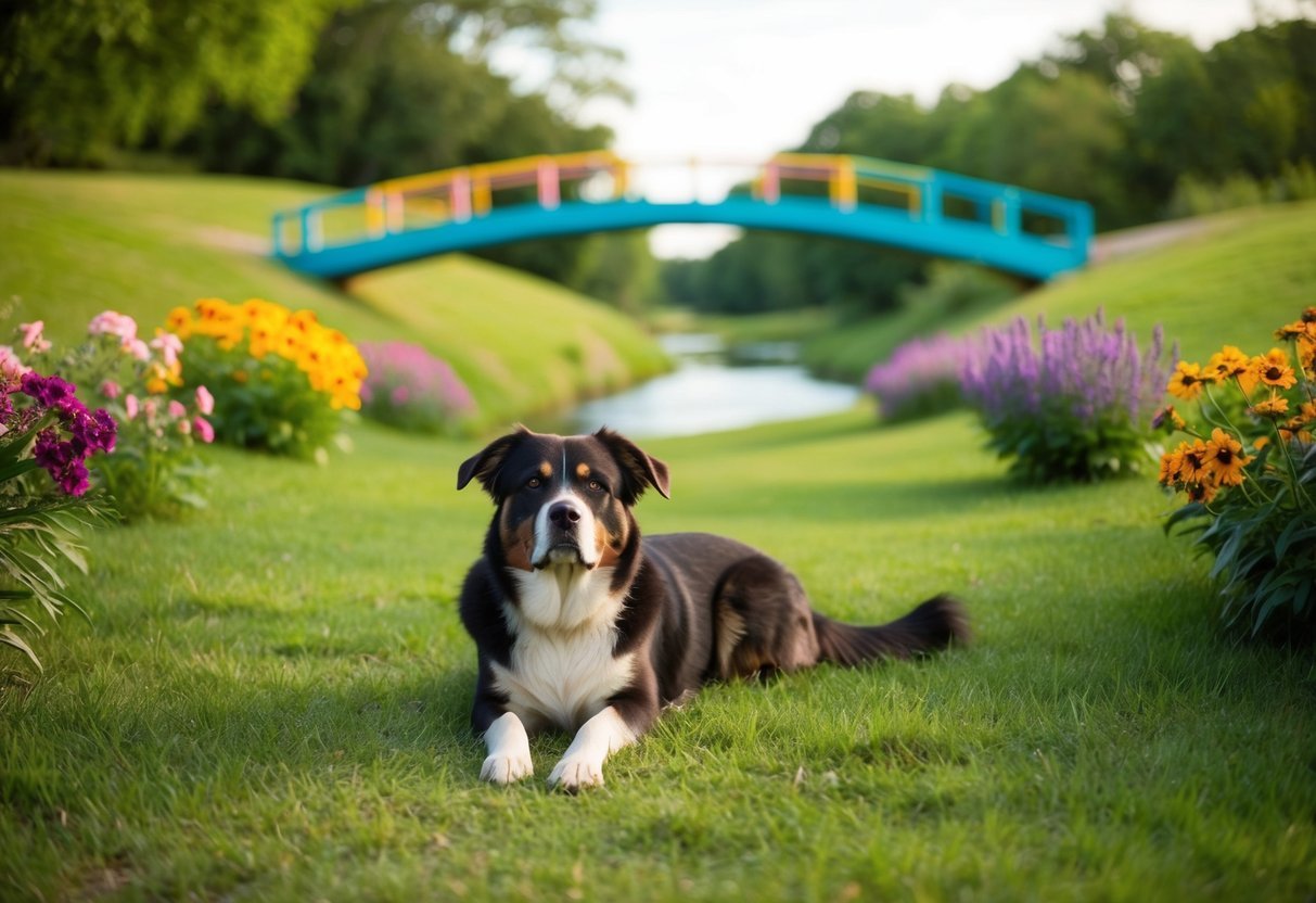A somber dog lying peacefully on a grassy hill, surrounded by vibrant flowers and a tranquil, colorful bridge stretching across a gentle stream