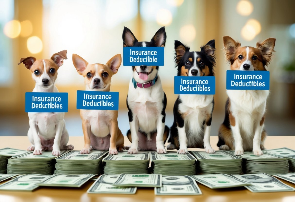 A group of pets with different insurance plans, each labeled with varying deductibles, sitting in front of a stack of money