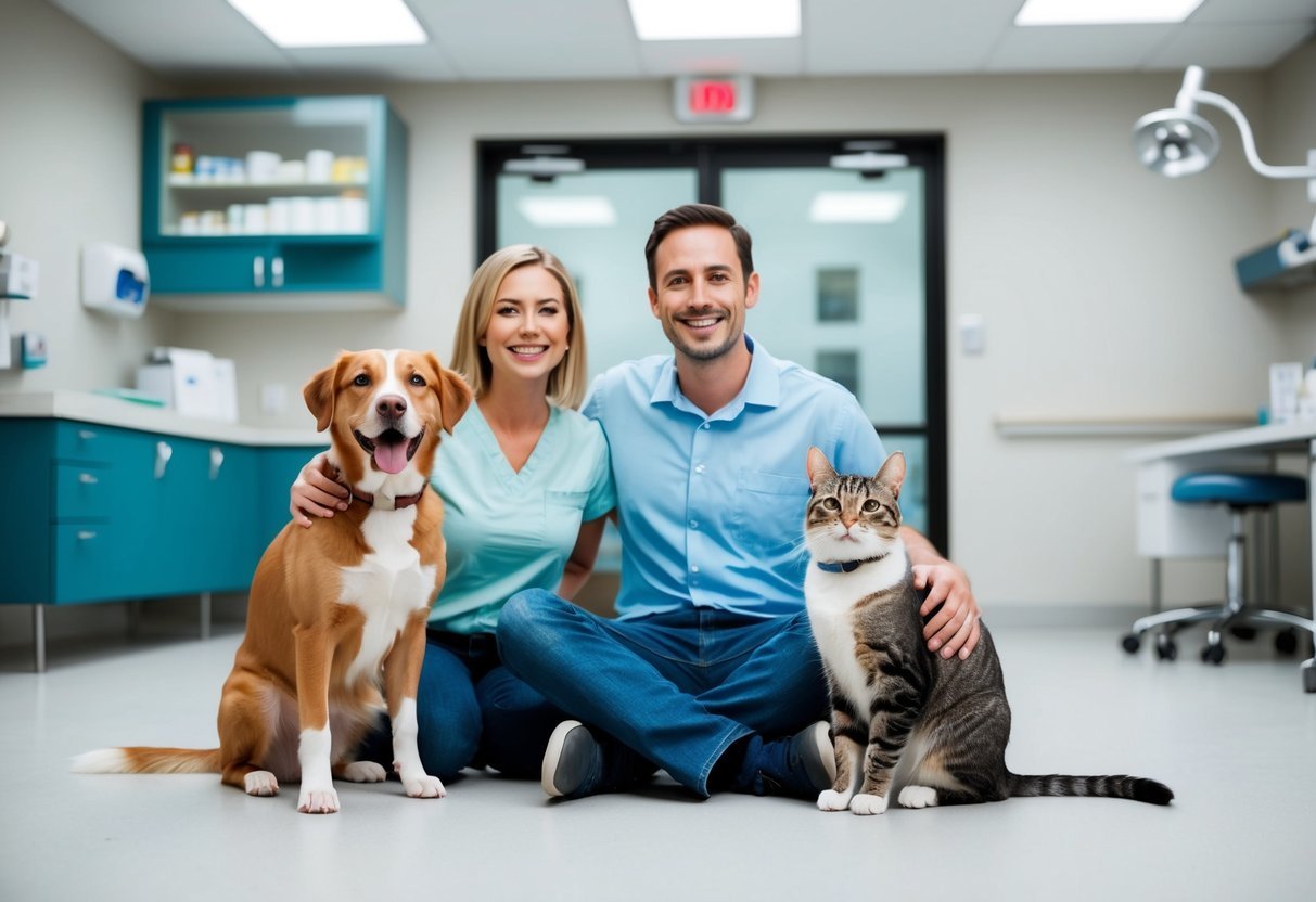 A happy dog and cat sit next to a smiling owner, with a vet clinic in the background