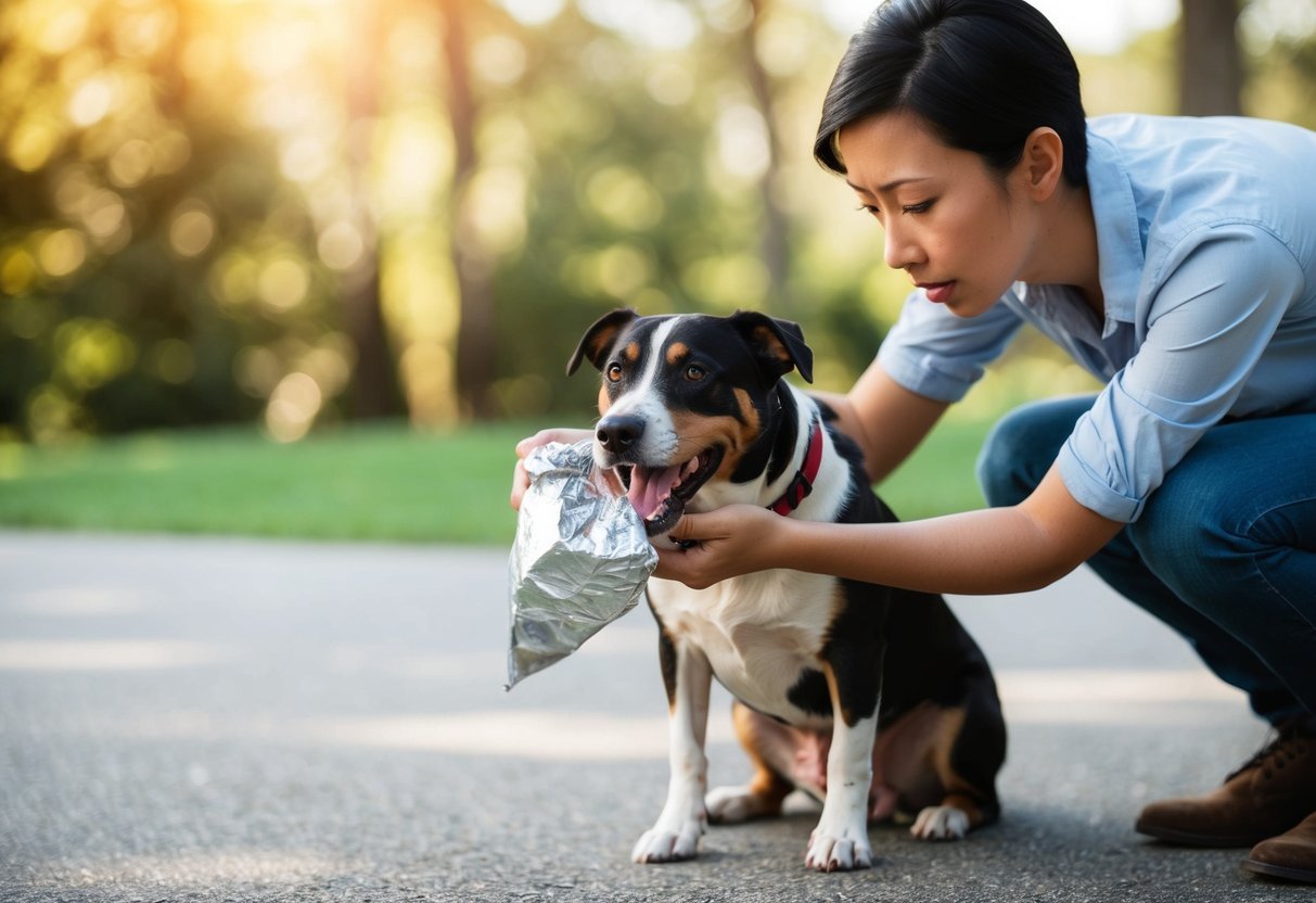 A dog with an open mouth, a concerned owner checking for leftover foil