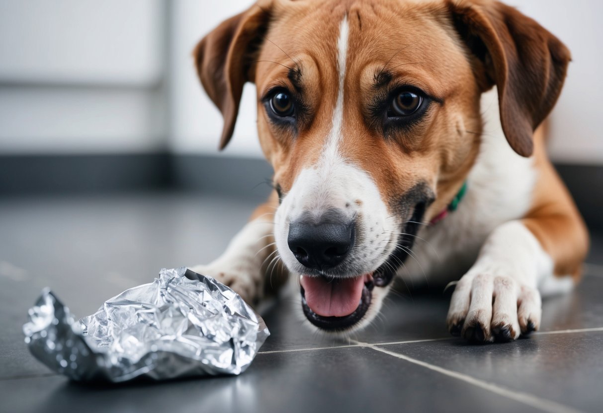 A dog with a worried expression, pawing at its mouth, while a crumpled aluminum foil wrapper lies on the floor nearby