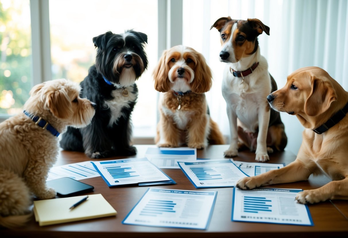 A group of pets of different breeds gather around a table with pet insurance documents and charts spread out, discussing and comparing rates
