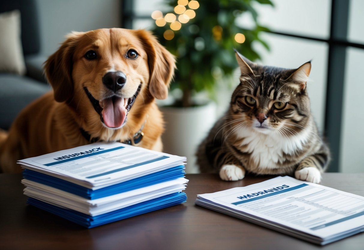 A happy dog with a wagging tail sits beside a stack of insurance documents, while a concerned cat looks over the coverage limits