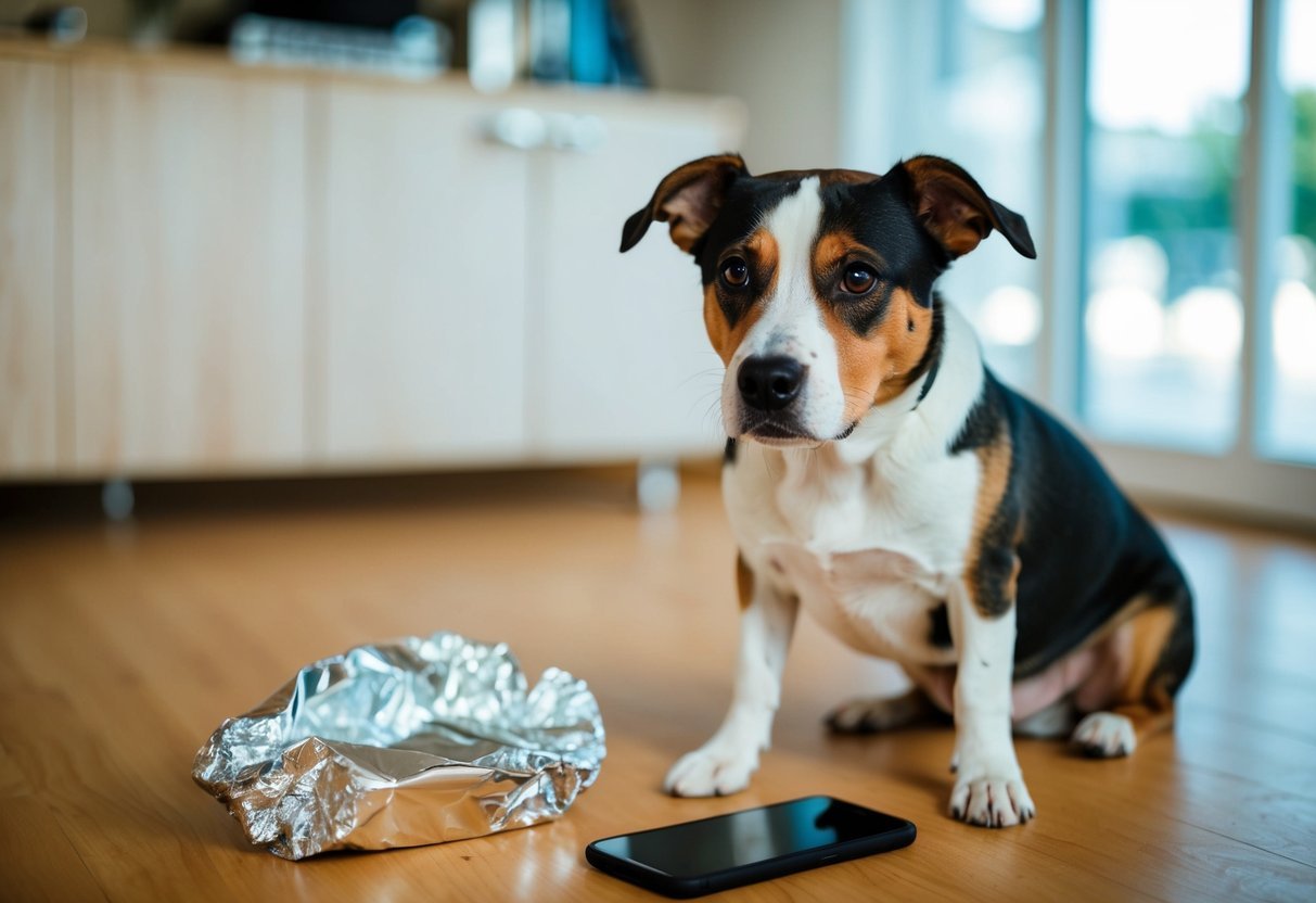 A dog sitting next to a crumpled aluminum foil, with a phone nearby and a concerned look on its face