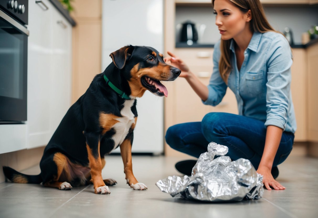 A dog sitting on a kitchen floor, with a crumpled aluminum foil wrapper and a concerned owner looking at the dog