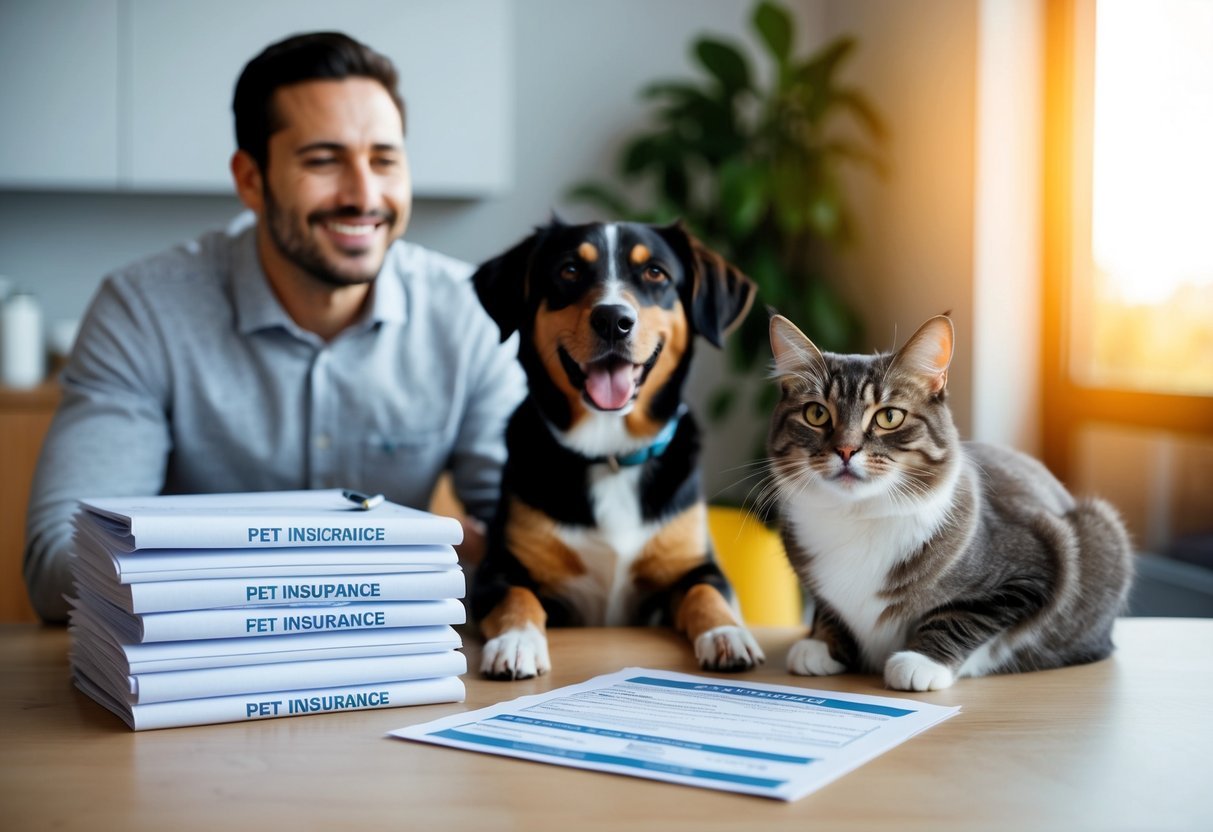 A happy dog and cat sit next to a stack of pet insurance documents, while a smiling owner looks on