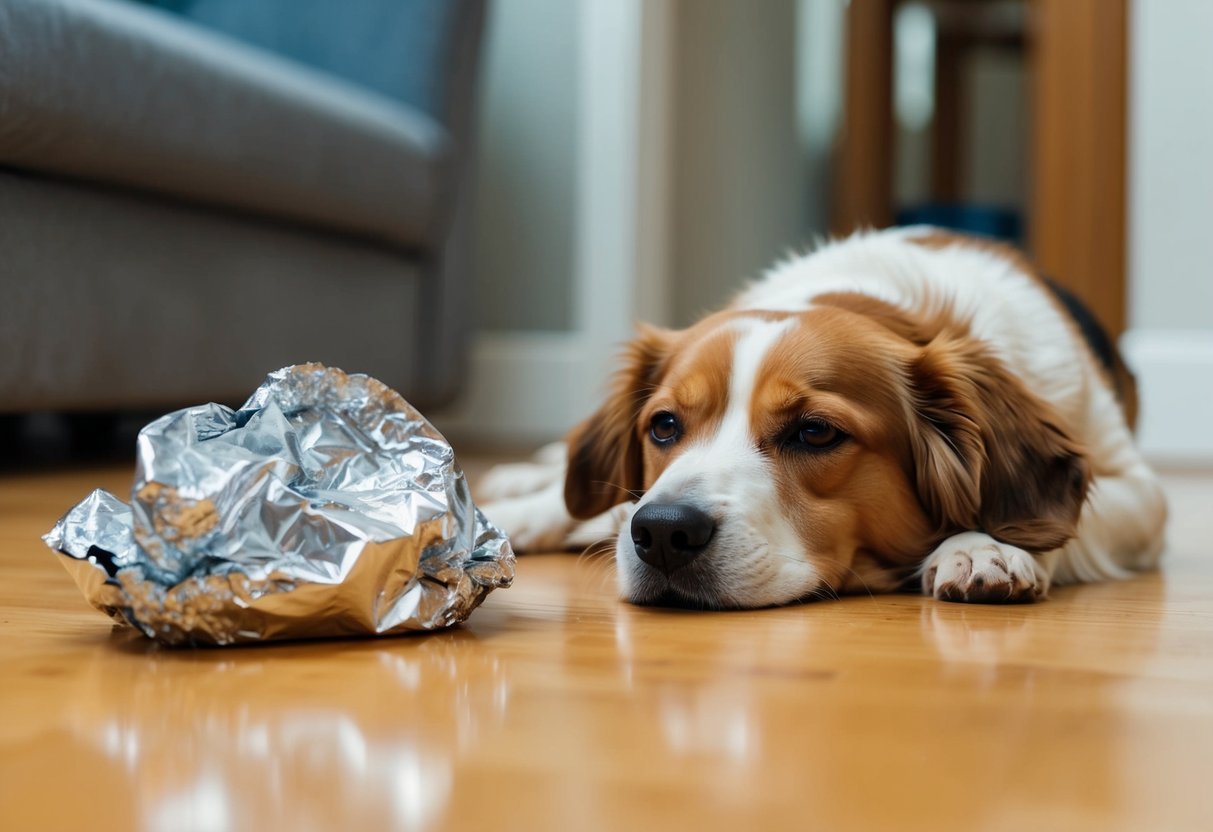 A dog lying on the floor with a crumpled aluminum foil wrapper nearby, looking tired and possibly nauseous