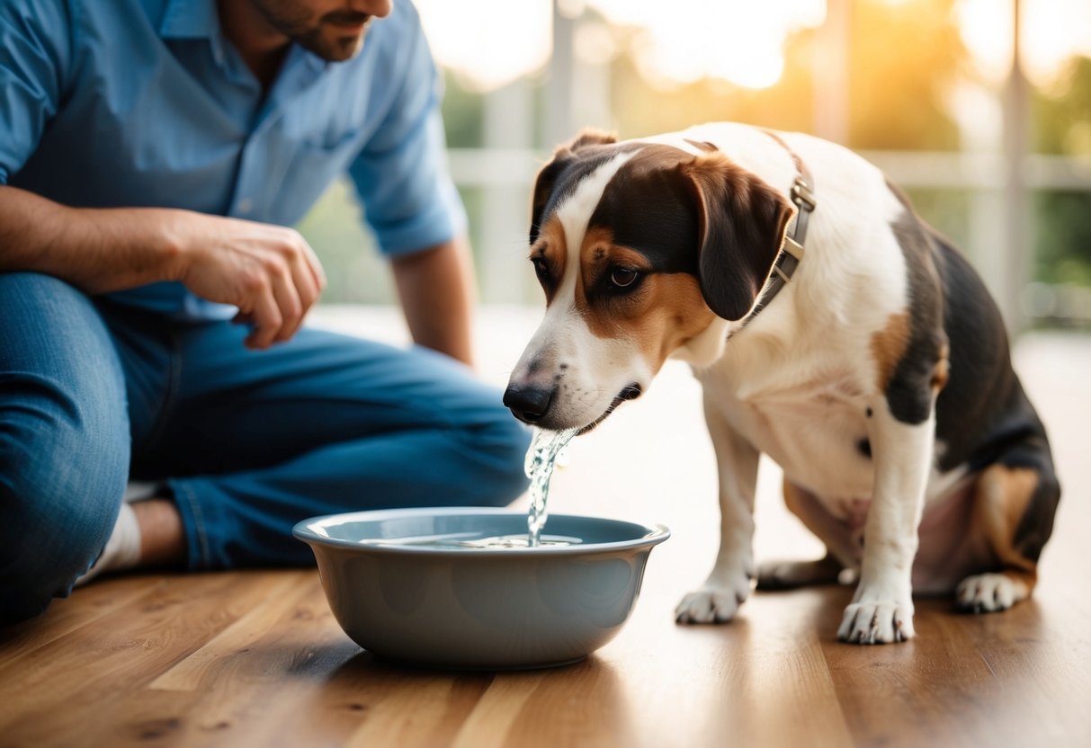 A dog drinking water from a bowl, with a concerned owner nearby