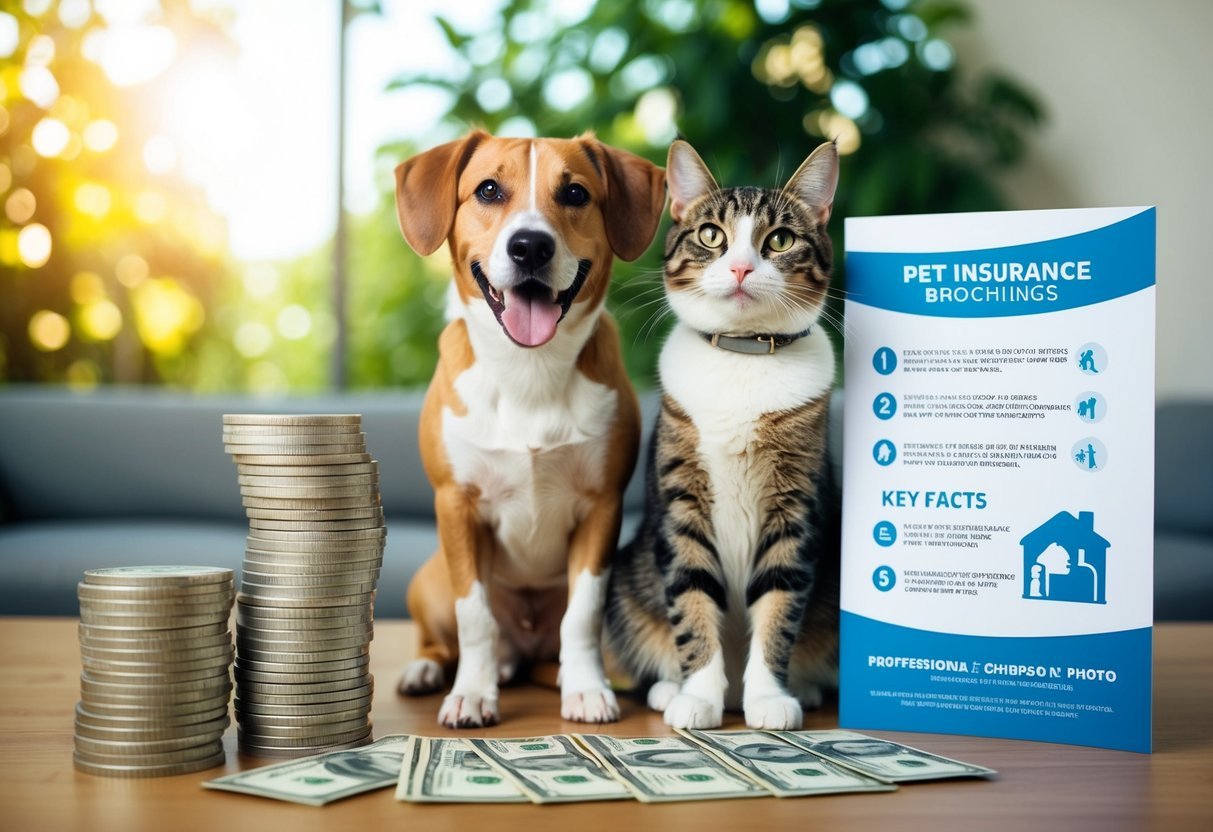 A happy dog and cat sit next to a stack of money, symbolizing savings.</p><p>A pet insurance brochure and five key facts are displayed prominently
