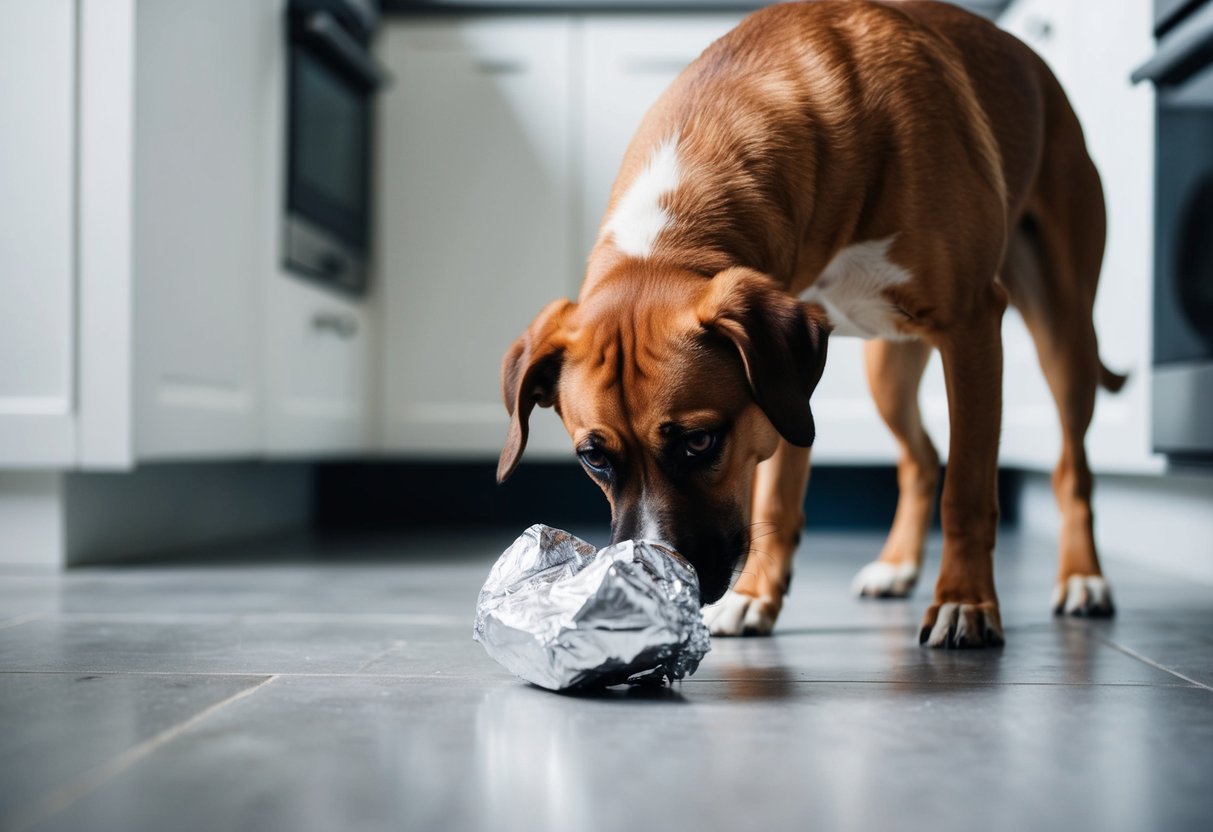 A dog sniffs around a kitchen floor, with a crumpled piece of aluminum foil in its mouth