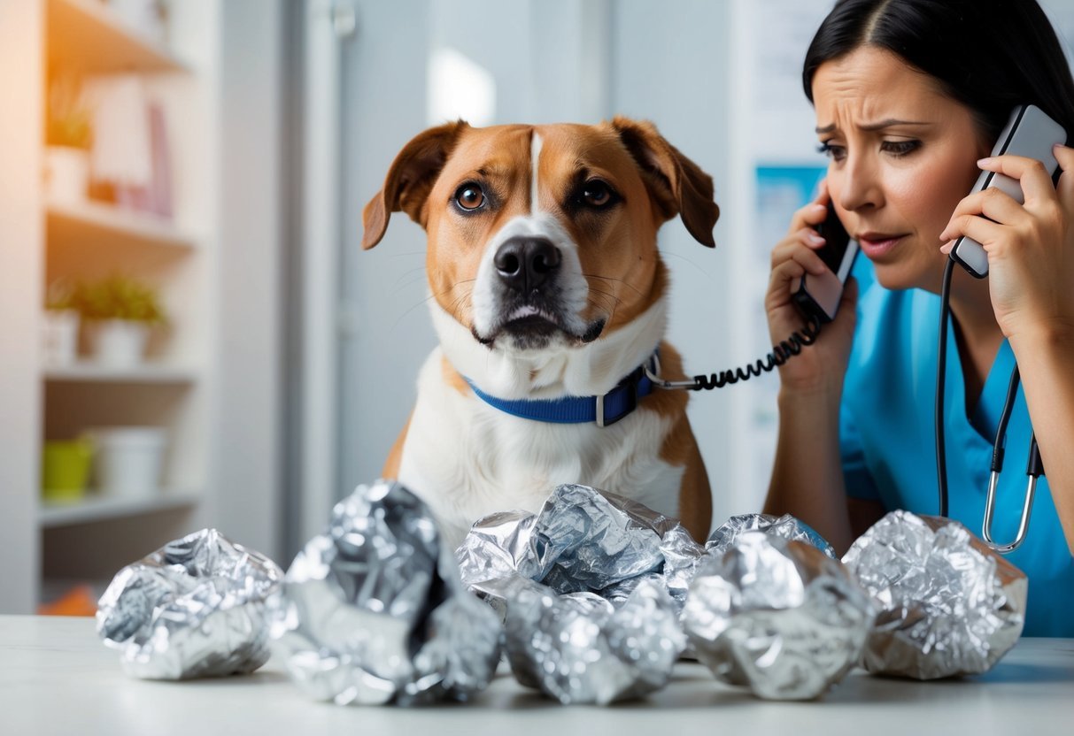 A dog with a distressed expression, surrounded by crumpled aluminum foil and a concerned owner on the phone with the vet