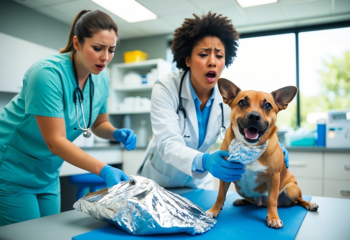 A panicked dog owner rushing to a veterinarian's office with a distressed dog who has ingested aluminum foil, while the vet team prepares to perform emergency procedures